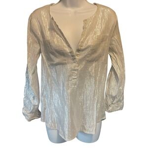 Como Black Womens Glam Metallic Silver Sheer Roll Tab Button Down Shirt Size S